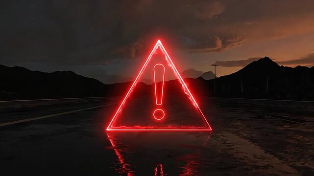 A glowing red warning sign stands on a wet road at sunset