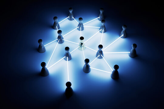 glowing digital network of human-shaped icons connected by bright blue light beams. A central golden figure represents leadership, influence, and the core of a professional social community