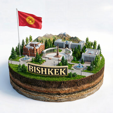 Kyrgyzstan Bishkek Isometric diorama. Kyrgyz flag, Ala Too Square, Manas, government house, fountains, pine forest, Tian Shan mountains, miniature urban architecture, central plaza