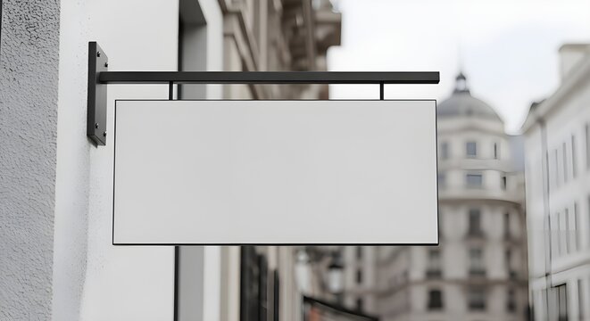 Blank rectangular sign hanging on a building wall in a city street