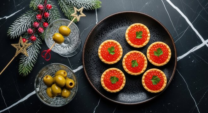 Festive appetizers with red caviar tartlets, olives, and christmas decorations on a black marble background