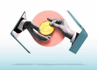 Digital transaction concept with hands emerging from laptops exchanging a gold coin, symbolizing...