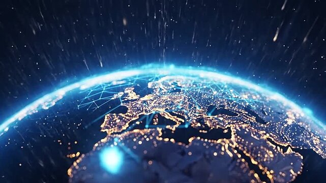 A glowing digital network connects the planet with bright data lines at night