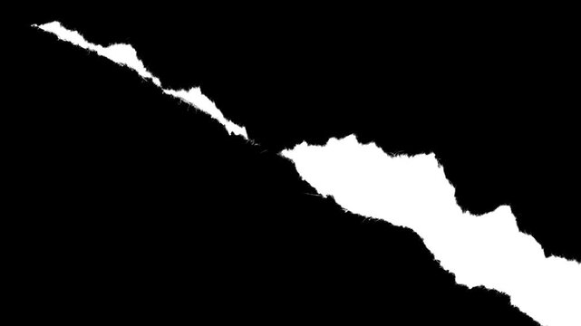 Diagonal paper strip with large rough jagged edges and visible fiber texture. Luma matte mask element for dynamic video transitions, stop-motion reveals and organic paper rip effects.