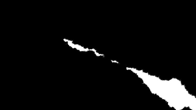 Diagonal paper strip with large rough jagged edges and visible fiber texture. Luma matte mask element for dynamic video transitions, stop-motion reveals and organic paper rip effects.