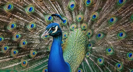 Obraz premium A male peafowl with its iridescent train spread wide