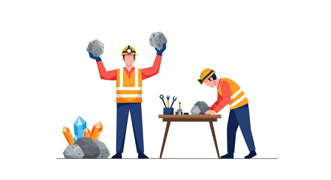 Two miners in reflective vests and hard hats working in a mine, one holding rocks and the other carving stone at a workbench with tools and crystals nearby.