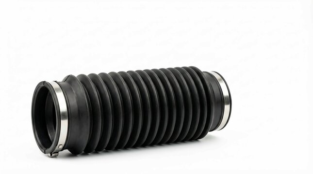 Black rubber bellows boot with metal clamps for industrial machinery protection