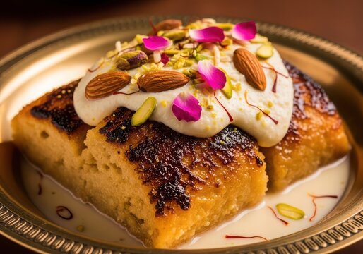 Shahi tukda or double ka meetha, a traditional indian bread pudding dessert garnished with nuts and rose petals