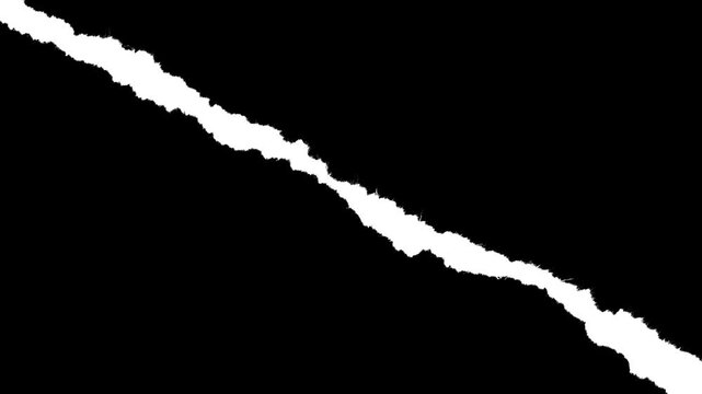 Diagonal paper strip with medium rough jagged edges and visible fiber texture. Luma matte mask element for dynamic video transitions, stop-motion reveals and organic paper rip effects.