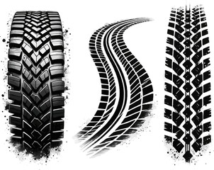 Create a realistic Tire tread marks, isolated wheel texture, tire marks - drift, rally, races, off-road, motocross. Vector isolated texture with grunge effect, splashes. Black monochrome tread prints. © al
