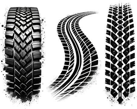 Create a realistic Tire tread marks, isolated wheel texture, tire marks - drift, rally, races, off-road, motocross. Vector isolated texture with grunge effect, splashes. Black monochrome tread prints.