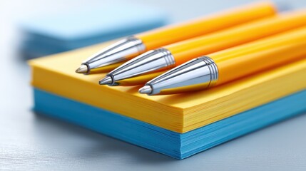 Fototapeta premium Bright Yellow Pens on a Stack of Colorful Sticky Notes on a Light Wooden Surface Perfect for Creative Office Spaces and Note-Taking Activities