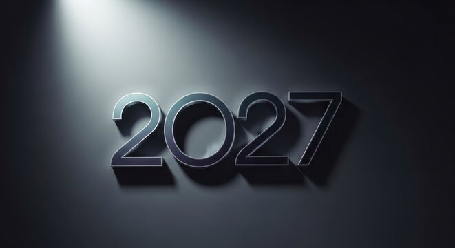 A shadowed rendering of the year "2027" illuminated by a single spotlight