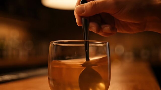 Bartender mixing cocktail with spoon in a glass, close-up shot in a bar at night