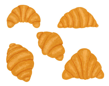 Golden croissant assortment with five butter croissants hand drawn isolated clip arts for bakery menu banner and pastry shop packaging design.