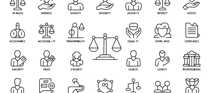Minimalist icon grid illustrating ethics, values, and professional conduct principles.