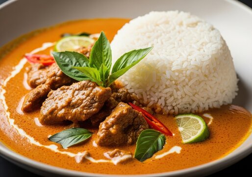 Thai panang curry with beef, jasmine rice, basil leaves, chili, and lime in a white bowl