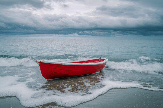 Kleines rotes Ruderboot treibt leer in den Wellen bei Sturm im Meer , Generative AI