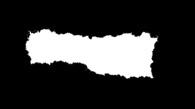 Rectangular paper scrap with large rough deckle edges and visible fiber texture. Black and white luma matte mask for text backgrounds, photo frames and organic stop-motion collage effects.