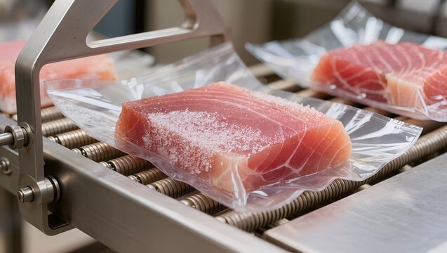 Industrial vacuum packaging of fresh tuna fillets on roller conveyor at fish processing plant, seafood production, food industry, hygiene, and modern industrial packaging concept