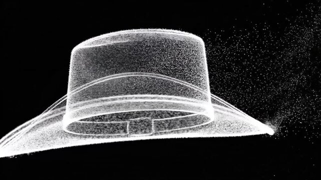 A digital particle animation of a classic western hat on a black background