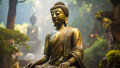 Obraz premium A serene golden Buddha statue sitting cross-legged in a lush green forest with another statue in the background