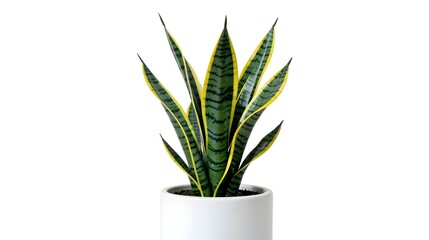 Fototapeta premium A beautiful green snake plant with yellow edges in a white pot, a popular and easy-to-care-for houseplant with air-purifying qualities, perfect for home decor