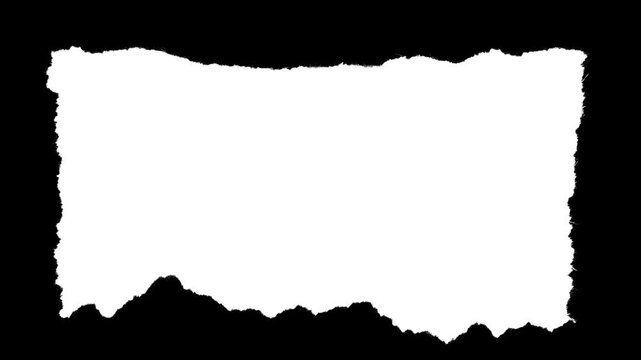 Rectangular paper scrap with medium rough deckle edges and visible fiber texture. Black and white luma matte mask for text backgrounds, photo frames and organic stop-motion collage effects.