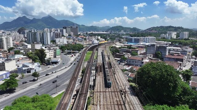 Rio De Janeiro Skyline In Rio De Janeiro Brazil. Birds Eye View Of Stunning Cityscape With Streets And Buildings. Town Sky Clouds Backgrounds Urban. Town Panning Wide. Rio de Janeiro Brazil.