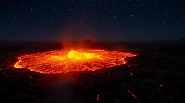 Volcanic eruption at night with glowing lava flowing across a dark landscape