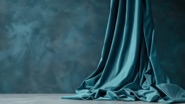 The clip shows a teal velvet curtain draping gracefully against a textured wall. Soft lighting highlights the fabric, creating a cozy atmosphere that draws in the viewer