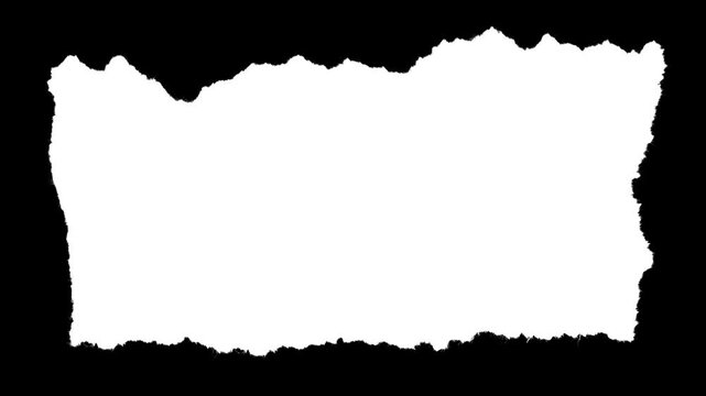 Rectangular paper scrap with medium rough deckle edges and visible fiber texture. Black and white luma matte mask for text backgrounds, photo frames and organic stop-motion collage effects.