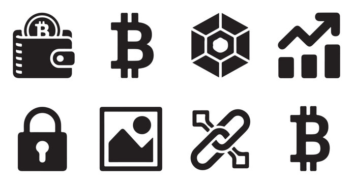 Crypto currency wallet and market trend icons for investment and blockchain technology set.