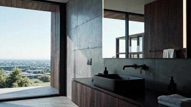 A modern bathroom interior presents a black sink on a wooden cabinet, a square mirror on a concrete wall, and a close-up side-view composition of minimalist architectural elegance.