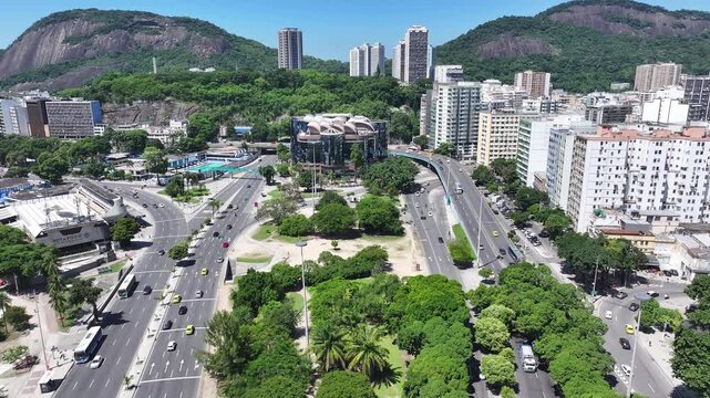 Botafogo Skyline In Rio De Janeiro Brazil. Modern City Center With Skyscrapers Reflecting The Urban Life. Town Sky Clouds Backgrounds Urban. Town Panning Wide. Rio de Janeiro Brazil.