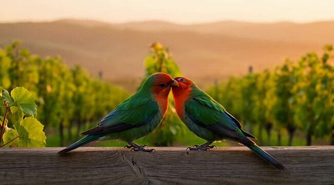 Romantic lovebirds perched on wooden fence, colorful parrots kissing at sunset, beautiful birds in vineyard landscape at golden hour