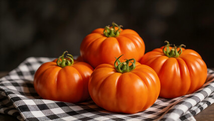 Obraz premium Fresh orange tomatoes on checkered cloth