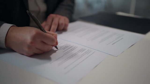 Close up male hands writing signature in documents signing business papers analyzing work documentation man hiring job investing loan estate trading unknown businessman bank credit approve in office