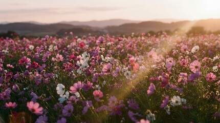 Obraz premium Vibrant cosmos flowers blooming in a vast field, bathed in warm golden hour sunlight. Distant mountains are softly blurred against the pastel sky.