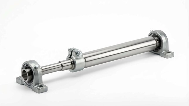 Stainless steel pneumatic cylinder actuator for industrial machinery isolated on white