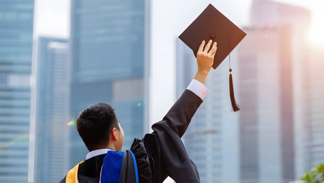Graduate Celebrating Achievement with Cap in Urban Environment