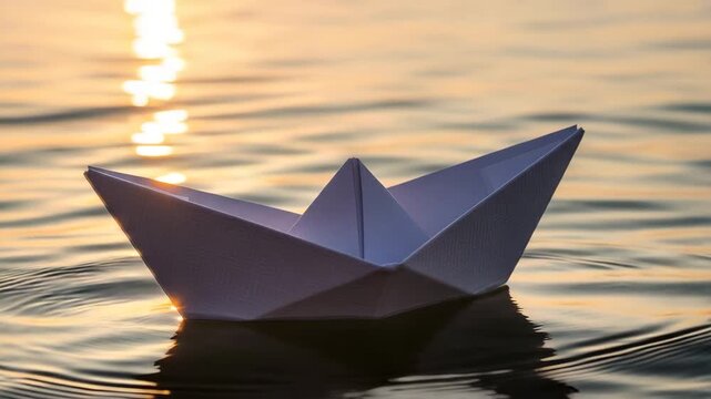 Close up of a single white paper boat floating on calm dark water
