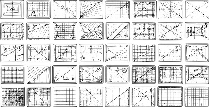 Distressed Hand-Drawn Geometric Patterns  Grids: Black and White Line Art Technical Diagrams for Engineering, Architecture, and Abstract Concepts