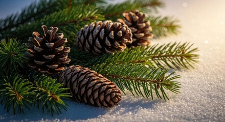 Fototapeta premium Close-up of pine cones on evergreen branches nestled in fresh snow