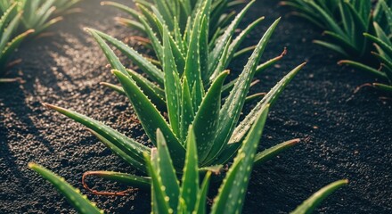 Obraz premium Close-up of rows of green succulent plants thriving in dark soil