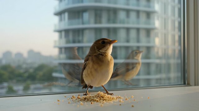 Small wild bird perched on apartment window sill, urban wildlife eating seeds against city skyline, brown sparrow on glass ledge