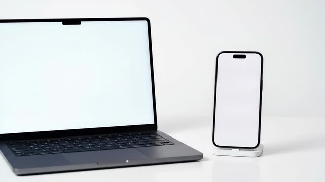 A laptop and smartphone positioned together on a white background with blank screens, cohesive digital device setup for responsive design presentation, subtle reflections and balanced composition,