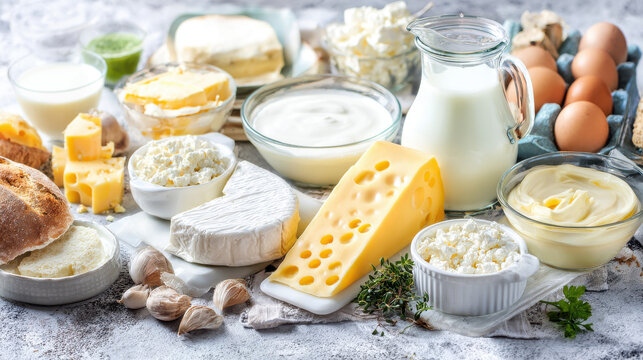 Assortment of fresh dairy products arranged in beautiful showcase. menu design, packaging mockups, designed for culinary blogs and recipe cards for restaurants.