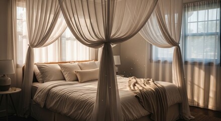 Fototapeta premium Cozy bedroom scene with draped canopy bed, bathed in sunlight